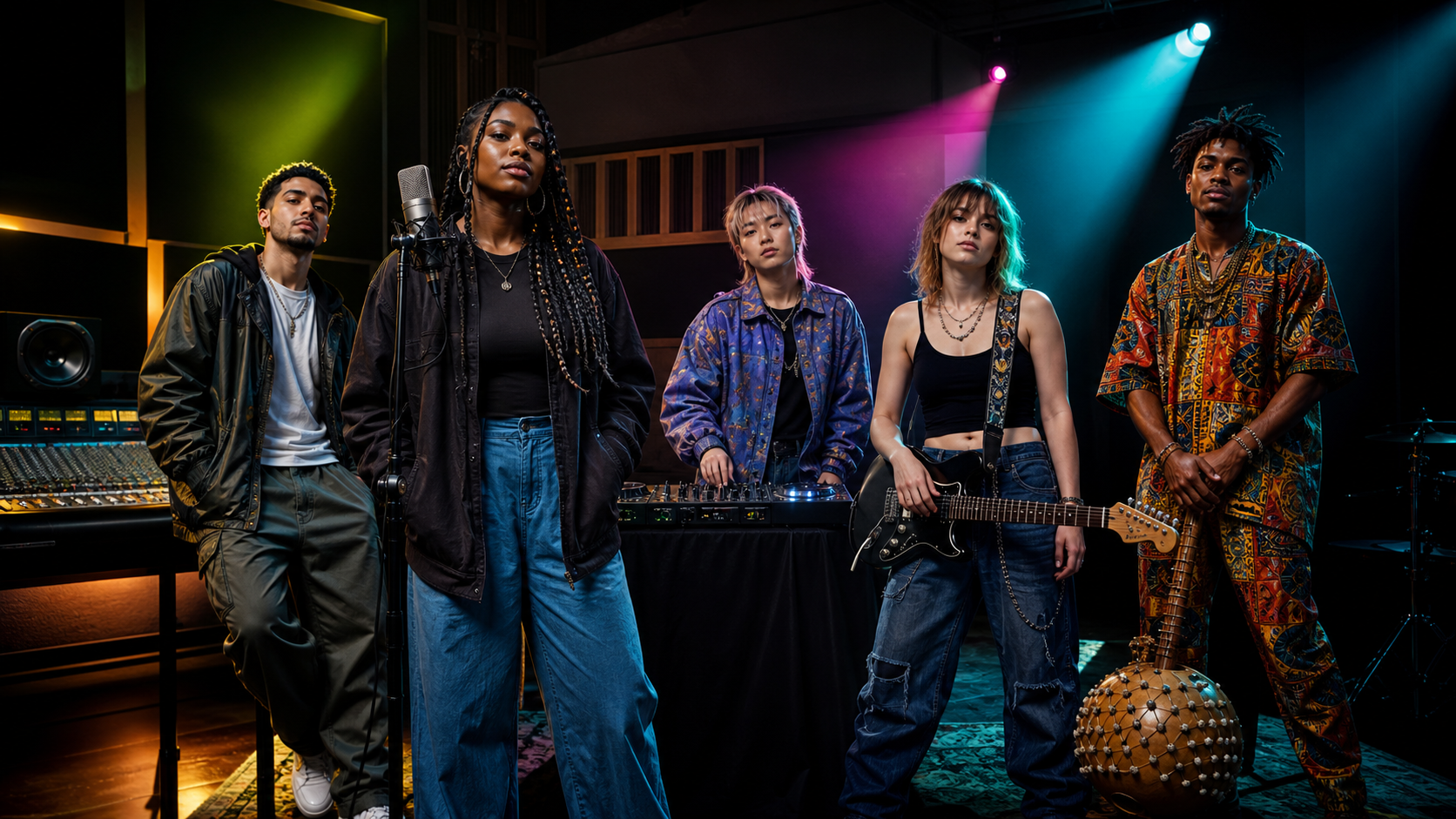 Artistes de différents univers musicaux dans un studio